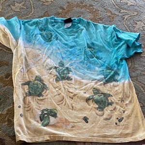 1996 Vintage Liquid Blue Turtle Graphic Tie-Dye Tee - Blue & Cream $90 M